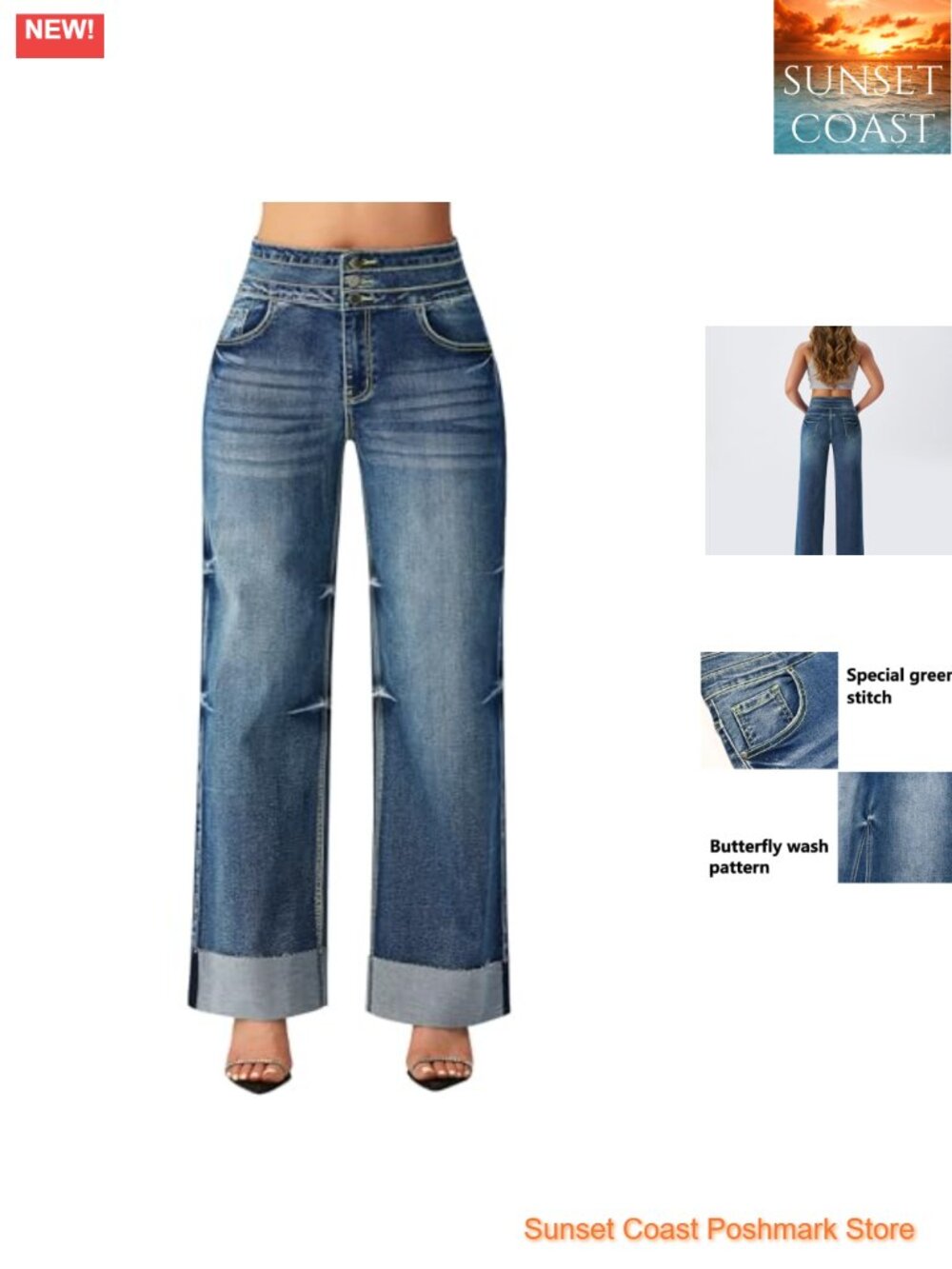 Wide Leg High Waisted Stretchy Boyfriend Jeans Cuffed Hem